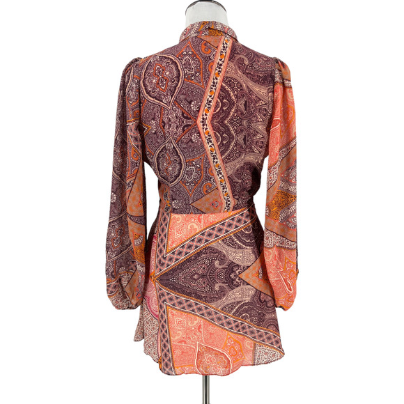 Divine Heritage Mini Dress Orchid Floral Paisley Print Tie Neck Size Small - Picture 11 of 16